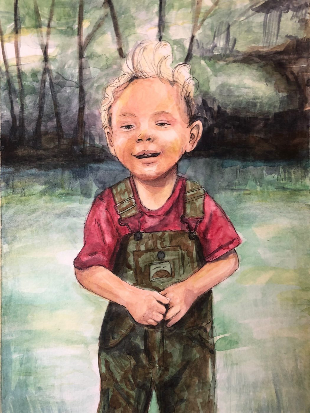 Watercolor portrait of a young child in overalls