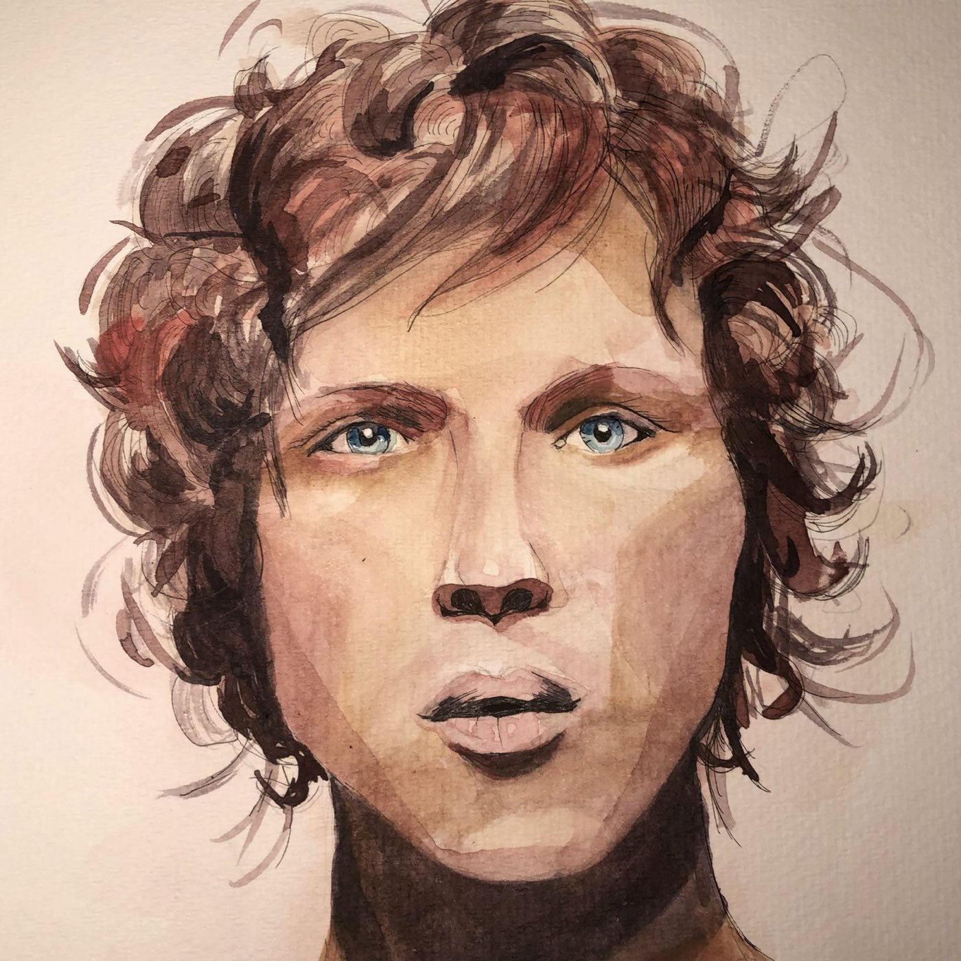 Watercolor portrait of a man with tousled curly hair