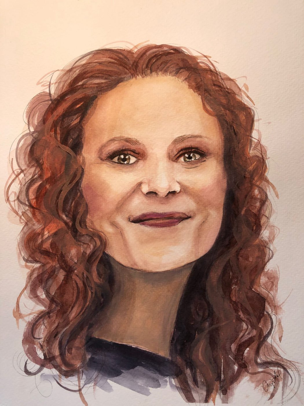 Watercolor portrait of a smiling woman with curly auburn hair